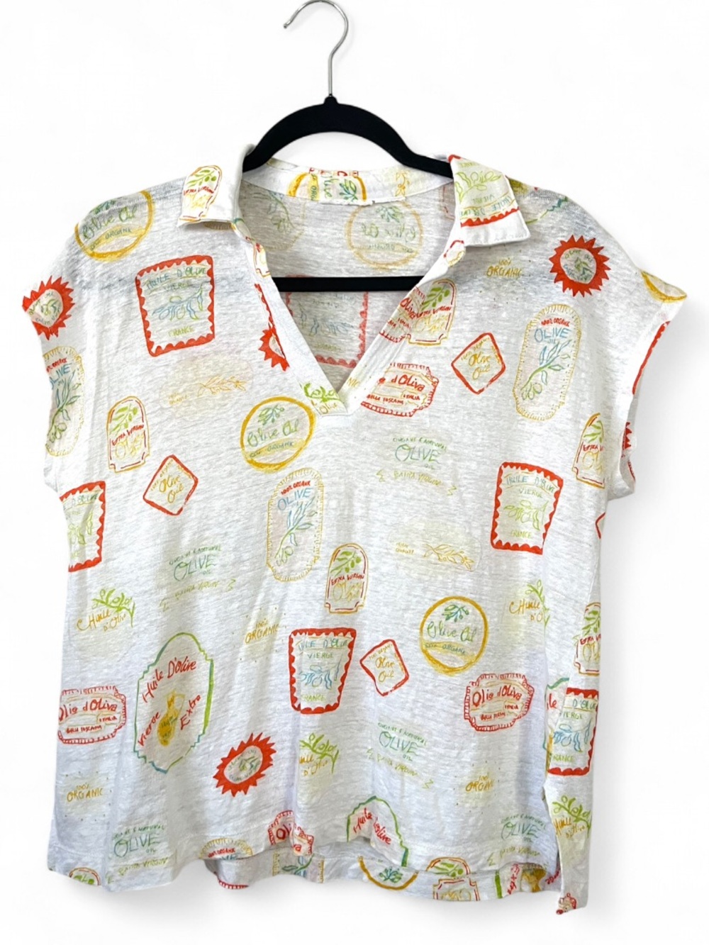 Cynthia Rowley 100% Linen Olive Oil Novelty Print Top Coastal Resort Euro Summer